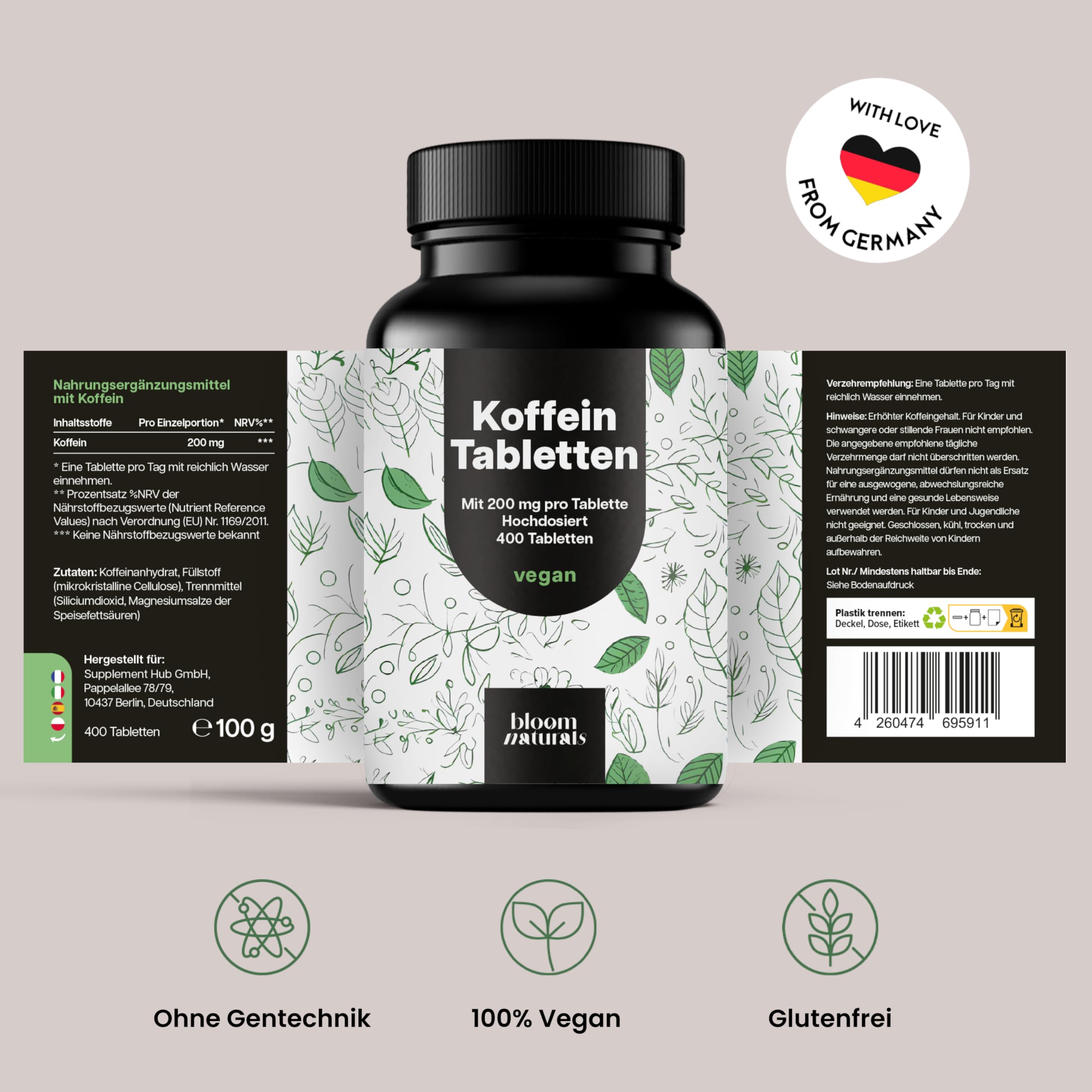 Koffeintabletten hochdosiert – 400 Tabletten – 200 mg Koffein pro Tablette, vegan – Laborgeprüft & produziert in Deutschland - Laborgeprüft - Verpackung kann variieren 7