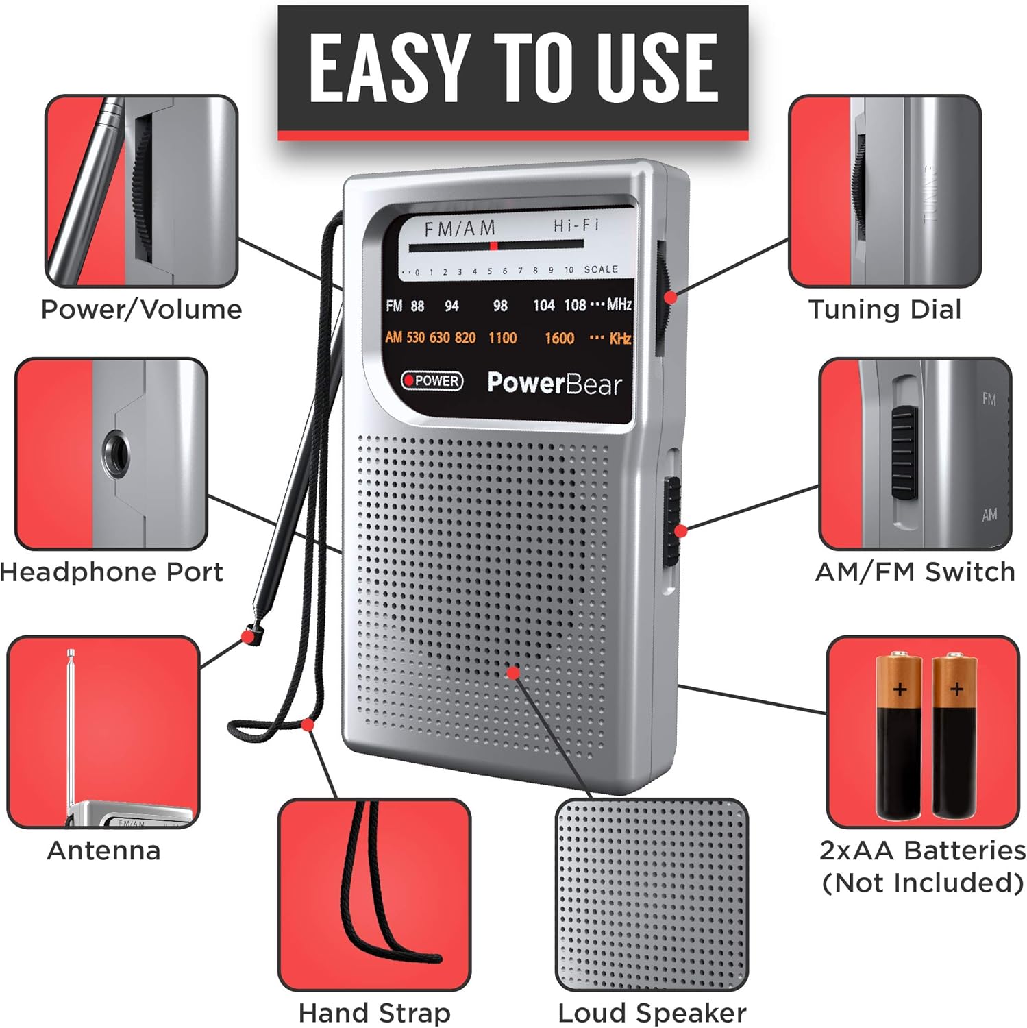 PowerBear Portable Radio | AM/FM, Battery Operated, Long Range (Silver): Home Audio & Theater
