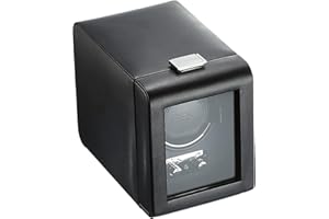 WOLF DESIGNS Wolf Heritage Single Winder with Glass Cover, Black - Secure Fit with Patented Lock-in Dynamic Cuff - for Bigger, Heavier Watches - Vegan Leather - Includes Universal Adapter