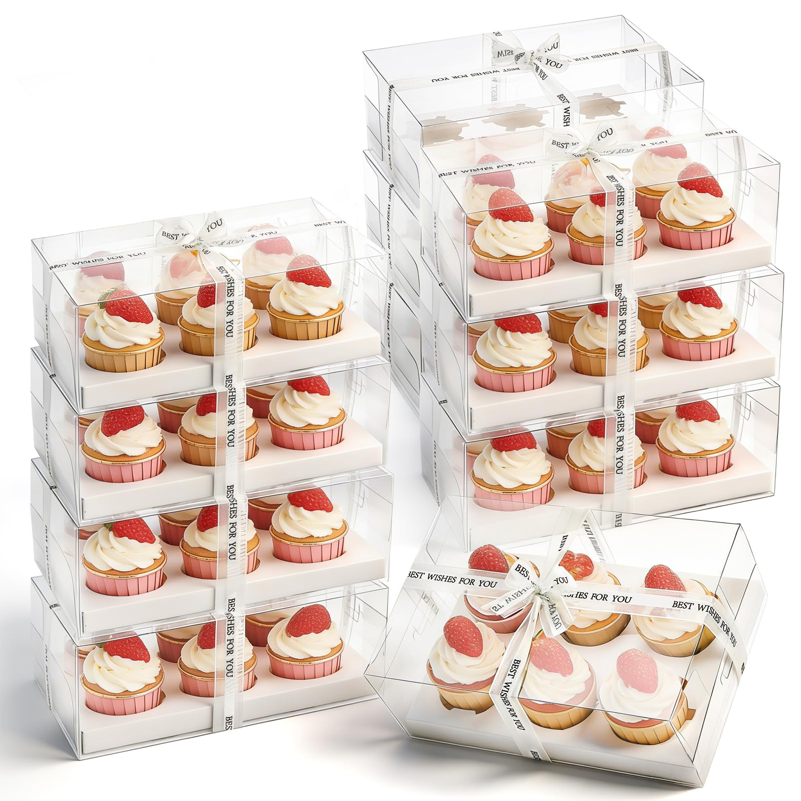 Cedilis 15 Pack Clear Cupcake Boxes, 6 Count Cupcake Containers with Gift Ribbon, Plastic Cupcake Carrier Holder for Treat Dessert Cookies Muffins Pastry Baby Shower Party