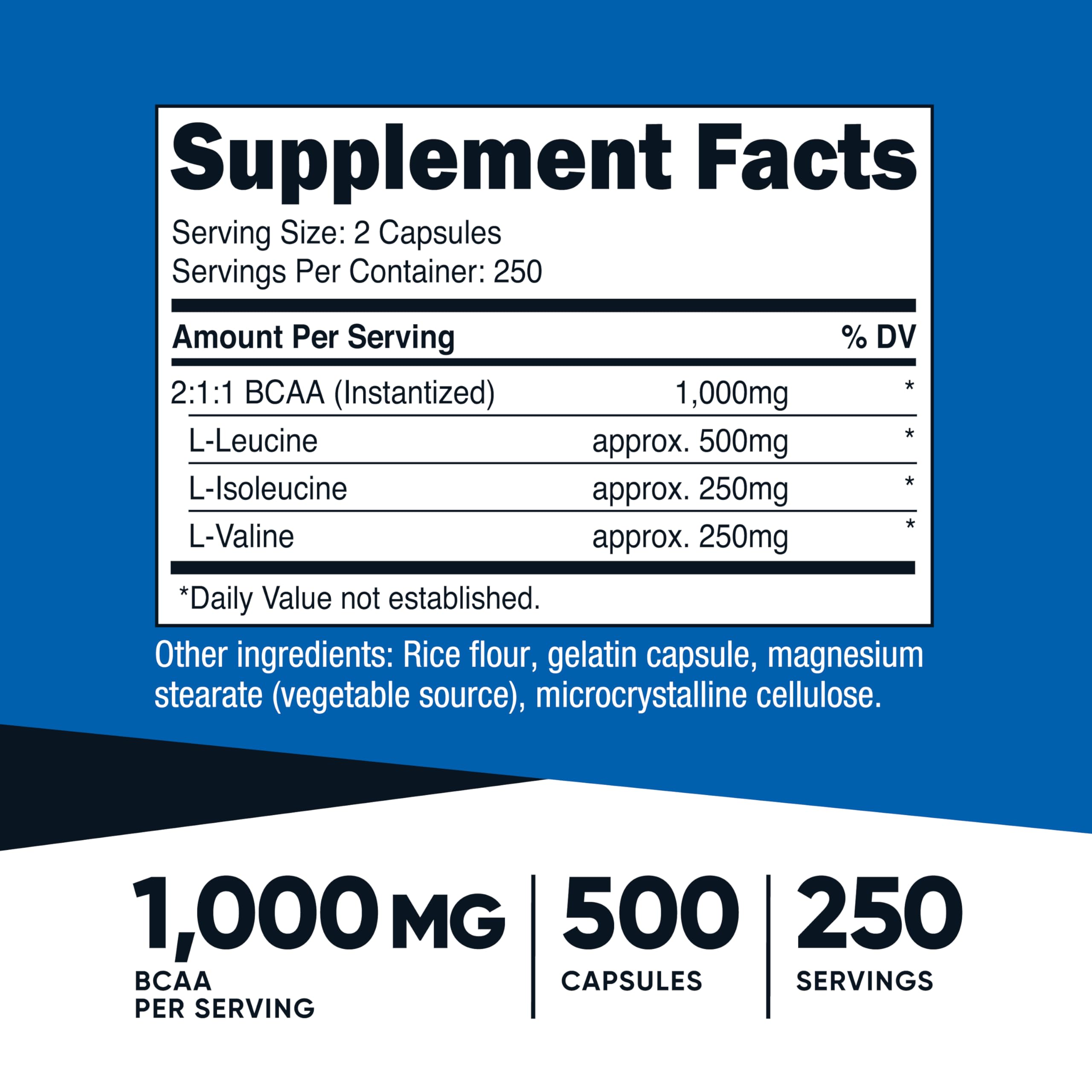 Nutricost BCAA 1000mg, 500 Capsules (250 Serv), 2:1:1 Branched Chain Amino Acids (500mg of L-Leucine, 250mg of L-Isoleucine and L-Valine)