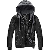 wantdo Men's Faux Leather Jacket with Removable Hood Motorcycle Jacket Casual Warm Winter Coat