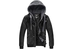 wantdo Men's Faux Leather Jacket with Removable Hood Motorcycle Jacket Casual Warm Winter Coat