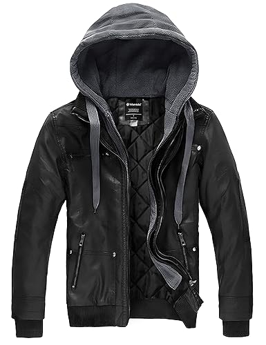 wantdo Men's Faux Leather Jacket with Removable Hood Motorcycle