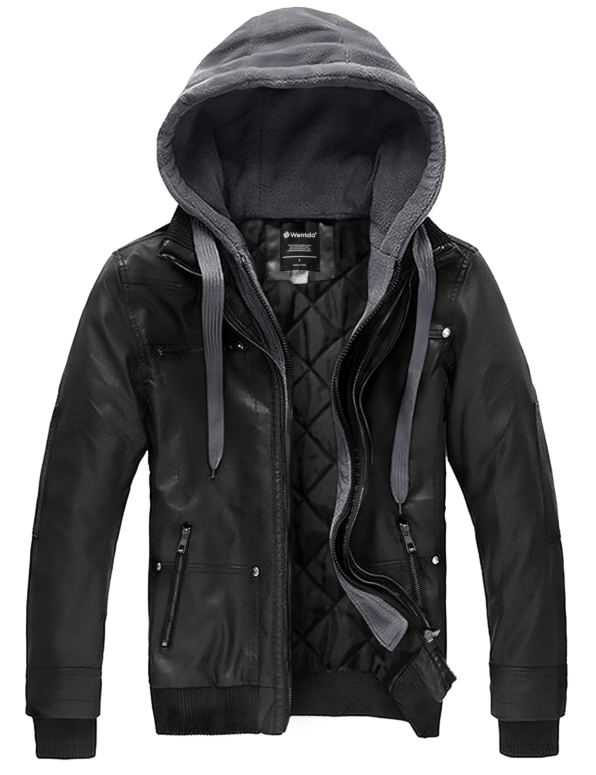 Wantdo Men's Motorcycle Leather Jacket Hooded Warm Winter Jacket
