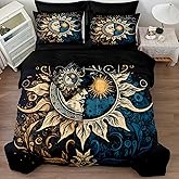 Sun and Moon Comforter Set Black Boho Bedding Set Celestial Galaxy Starry Space Bedding Comforter Mandala Exotic Black Bed in A Bag King Size
