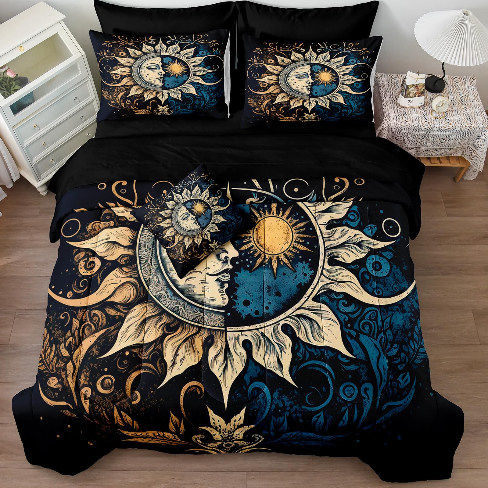 Photo 1 of Sun and Moon Comforter Set Black Boho Bedding Set Celestial Galaxy Starry Space Bedding Comforter Mandala Exotic Black Bed in A Bag King Size