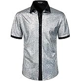 JEMITOP Men's Shiny Metallic Sequin Stretchy Short Sleeve Button Down Shirts for 70s Disco Party Halloween