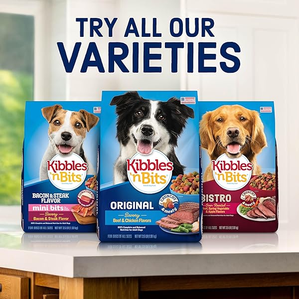 KIBBLES ‘N BITS MINI BITS SMALL BREED DRY DOG FOOD, SAVORY BACON & STEAK FLAVOR FOR ADULT DOGS, 3.5 LB. BAG
