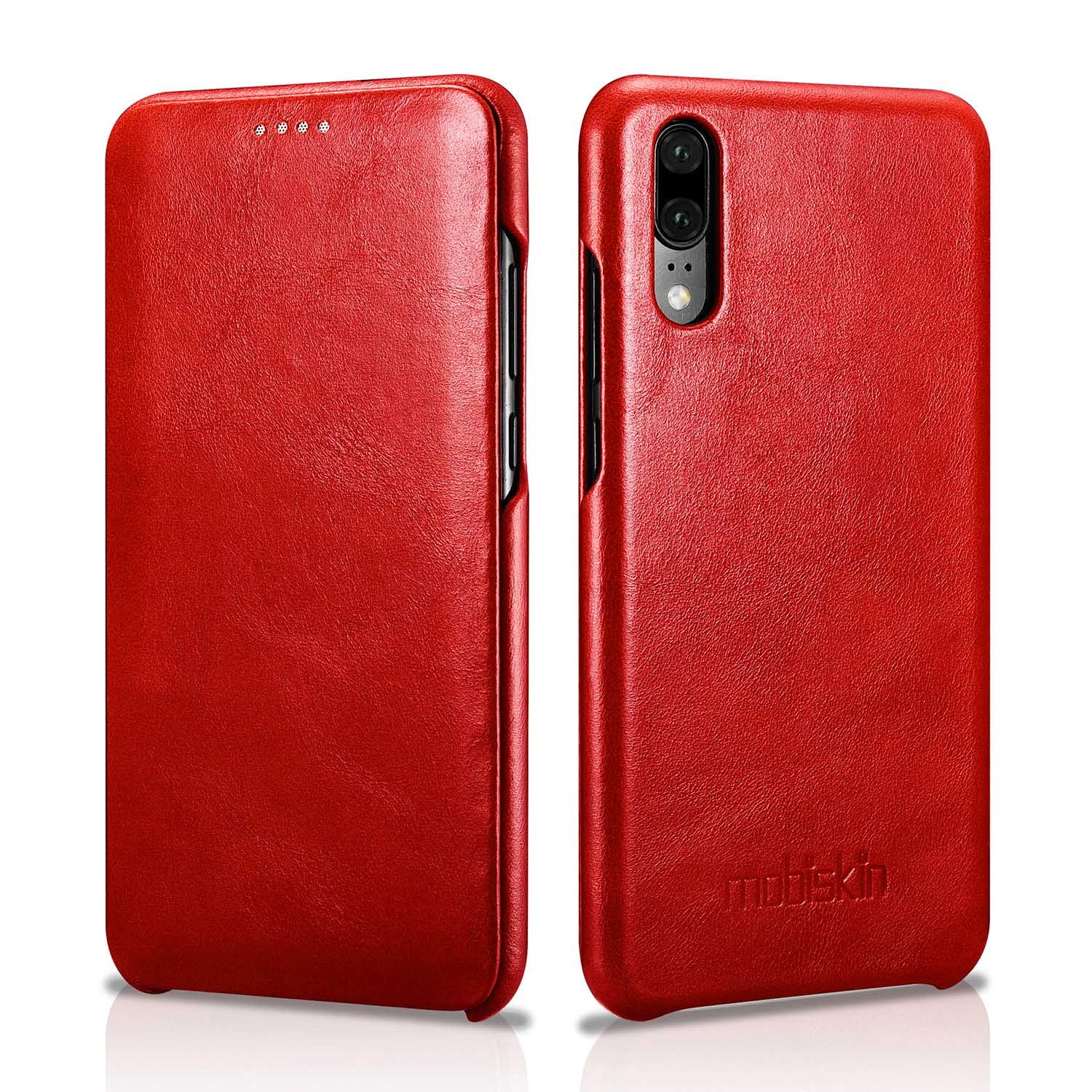 Mobiskin case compatible with Huawei P20 (5.8 inch display), cover with genuine leather, book-style protective phone case, ultra-slim folio, thin wallet, red vintage