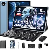 11 Inch Tablet Android 16 with Keyboard, 24GB RAM + 256GB ROM (2TB Expand), T7250 Octa-Core, 1920x1200 IPS FHD Display, 16MP+8MP Dual Camera, Gemini AI, GPS, 2.4G/5G WiFi, 8000mAh, Widevine L1