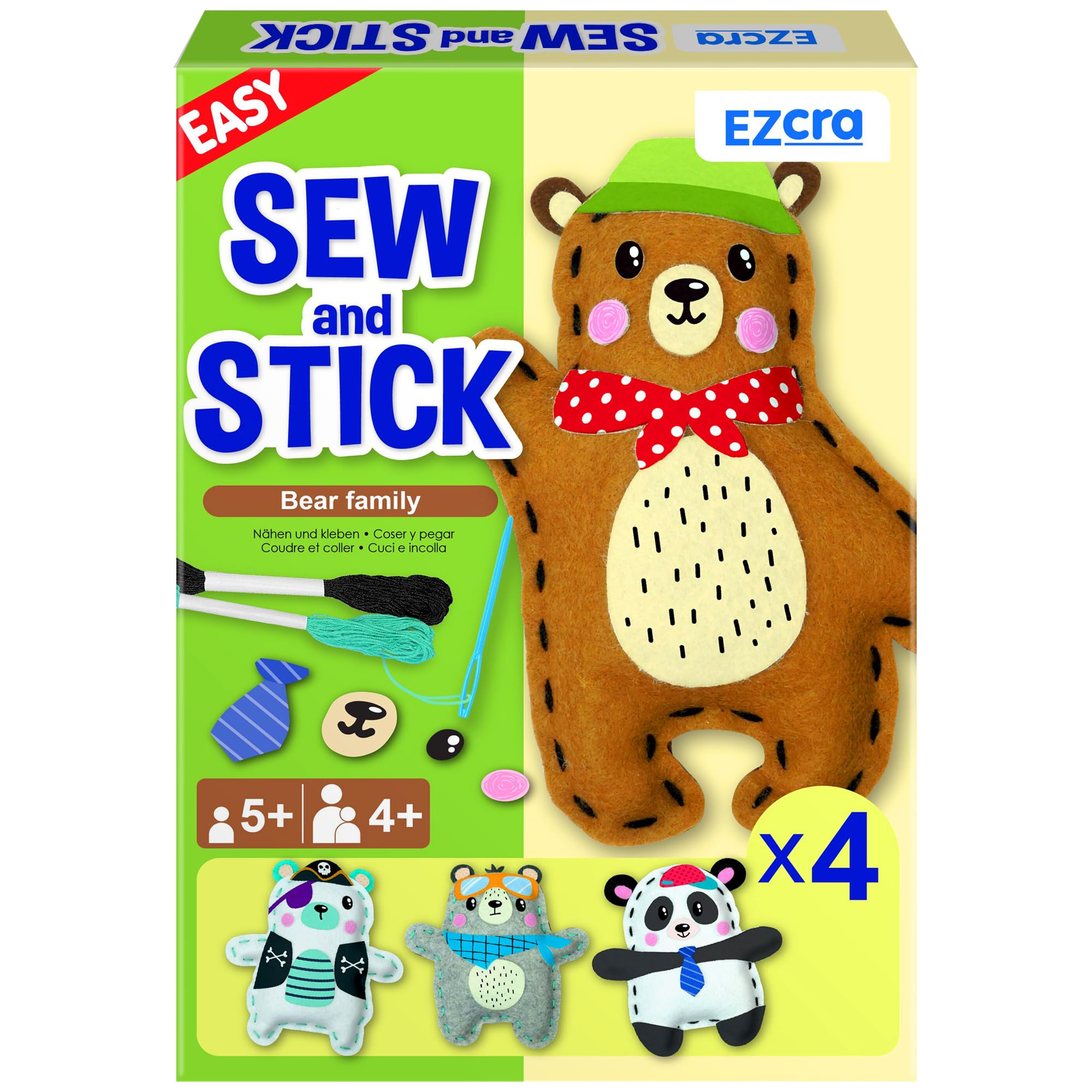EZCRA Sewing Kit for Kids Ages 4-8, 4 Bear Felt Craft Projects, No-Mess Beginner Stitching Kit with Stickers & Tools, Educational Soft Toy Making Gift for Boys & Girls