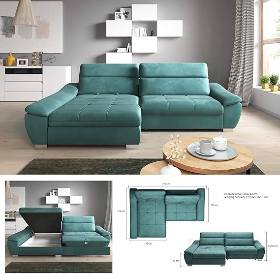 Cala - Sofá esquinero moderno con patas cromadas, ajuste de la