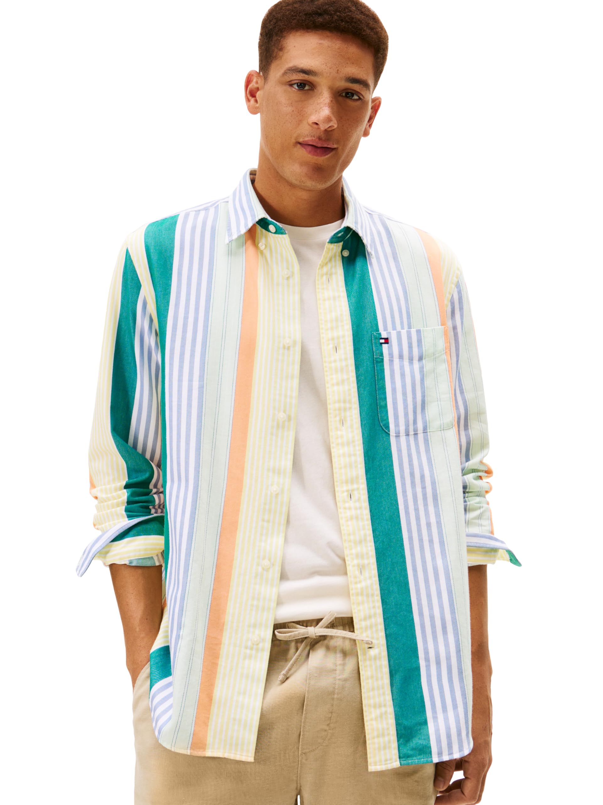 Tommy Hilfiger Men’s Long Sleeve Oxford Shirts in Regular Fit, Men’s Button Down Shirts, Also Available in Big and Tall CITRONELLA/Multi Stripe X-Large
