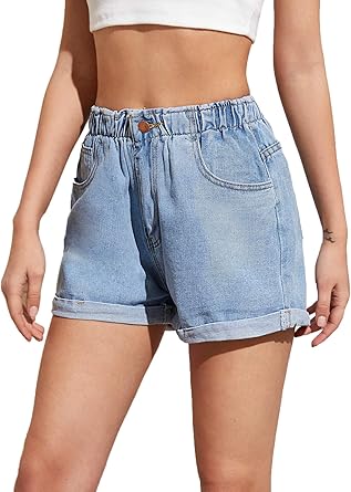 elastic waist rolled hem denim shorts