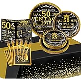 50th Birthday Party Tableware Set,Back in 1975 50th Birthday Party Supplies Decorations,Include 1975 Anniversary Card,Tablecloth and Plates, Forks,Napkins 24 Guests for Men