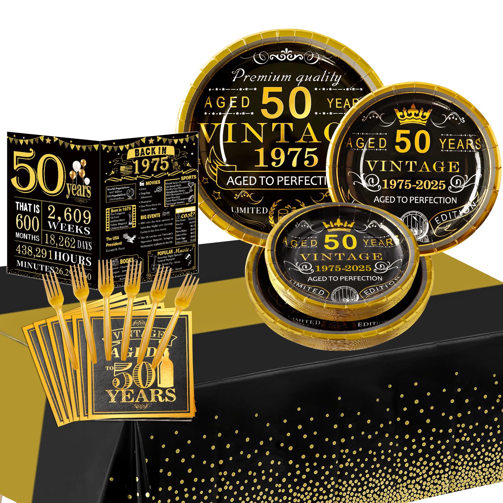 thumbnail interactive-video image 1 of Celebrate A 50th Birthday In Style With This Oaktree Black And Gold Tableware Set. Includes Plates, Cups, And Napkins – 8 Pieces Total. Perfect For An Adult Birthday Party With A Sparkle Theme. Disposable But Fancy, Paper And Plastic Construction In Gold And Black. 1 of 6