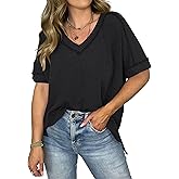 VOROFY Women's Textured Oversized T Shirts Short Sleeve Summer Ribbed V Neck Tunic Tops Loose Blouses (Grey-XXL)
