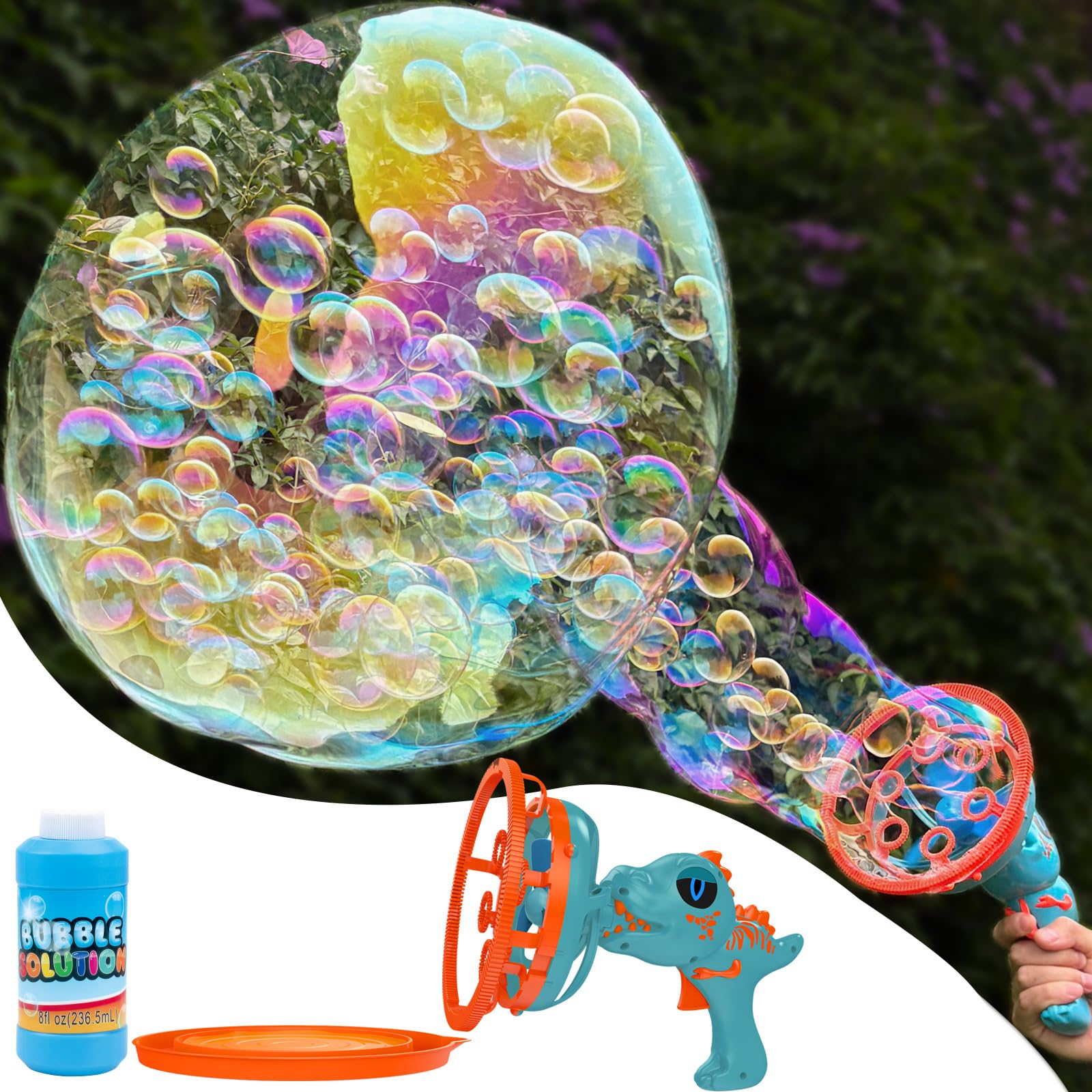 Photo 1 of Electric Dinosaur Bubble Machine Gun for Kids Ages 4-8, Big Dino Bubble Blaster with Bubble in Giant Bubble Design, Outdoor Backyard Toys Fun for Toddlers 1-3-5 Birthday Parties