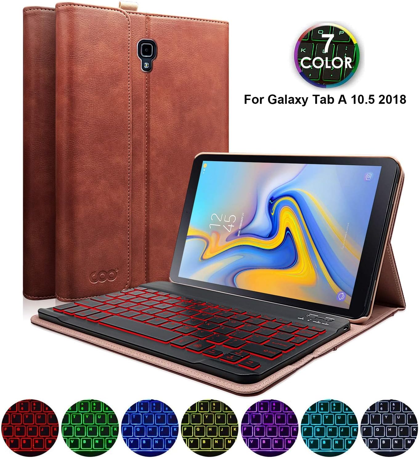 COO Keyboard Case for Galaxy Tab A 10.5, Heavy Duty PU Leather Case with Detachable Backlit Wireless Keyboard Compatible 2018 Samsung Galaxy Tab A 10.5 (Model SM-T590/T595/T597), Brown