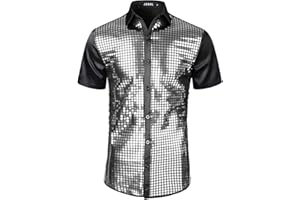 JOGAL Mens 70s Disco Shirt Silver Sequins Party Costume Short Sleeve Button Down Shirts