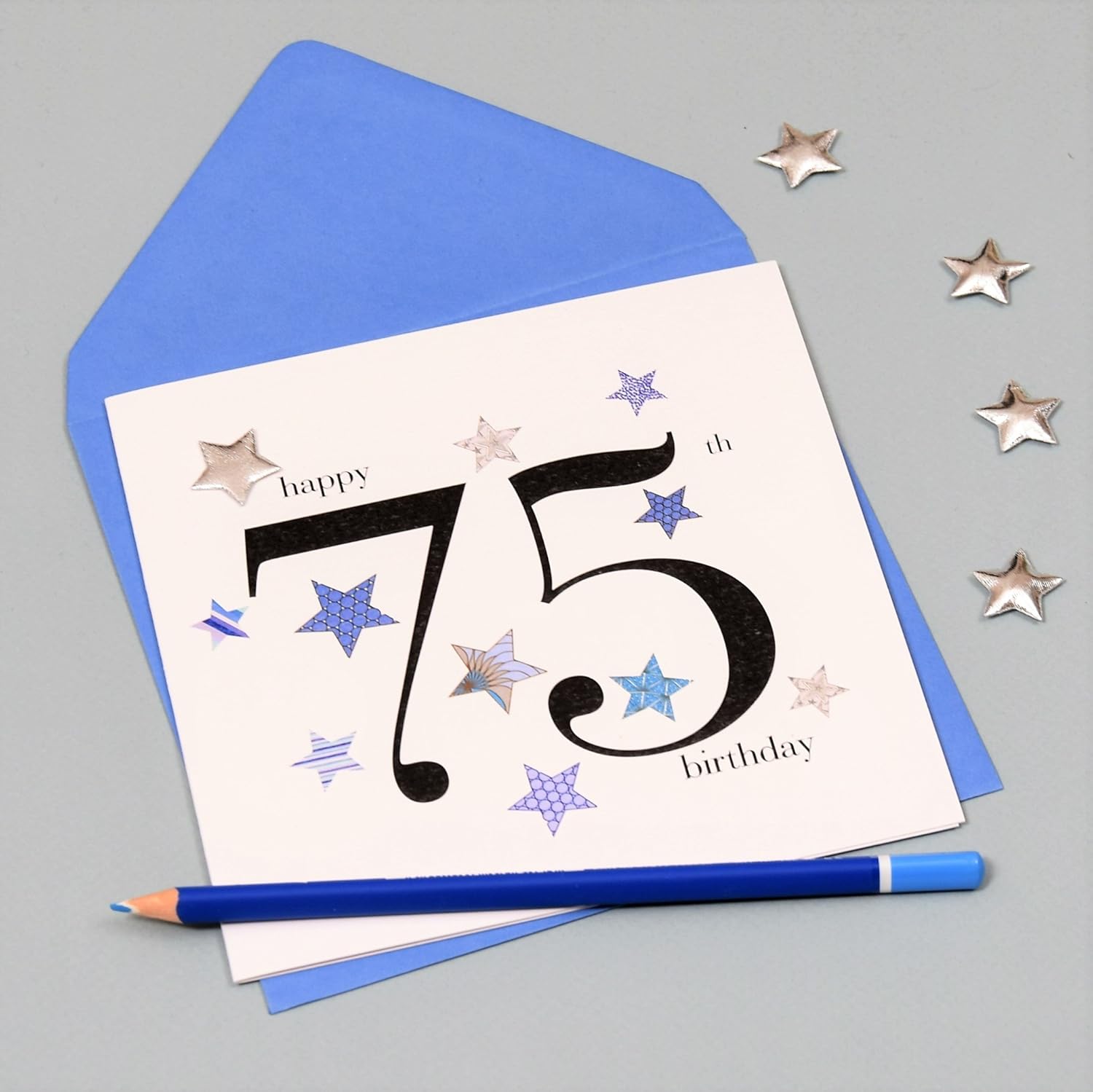 Claire Giles Greeting Cards, Happy 75th Birthday Card, Blue Stars design Age 75 Birthday Greeting Card, Embellished with a padded star - Image 4