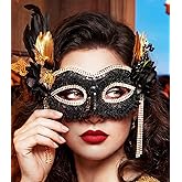 Maeaccx Black Masquerade Mask for Women, Gold Feather Ball Antifaz, Gold Butterfly Venetian Accessories