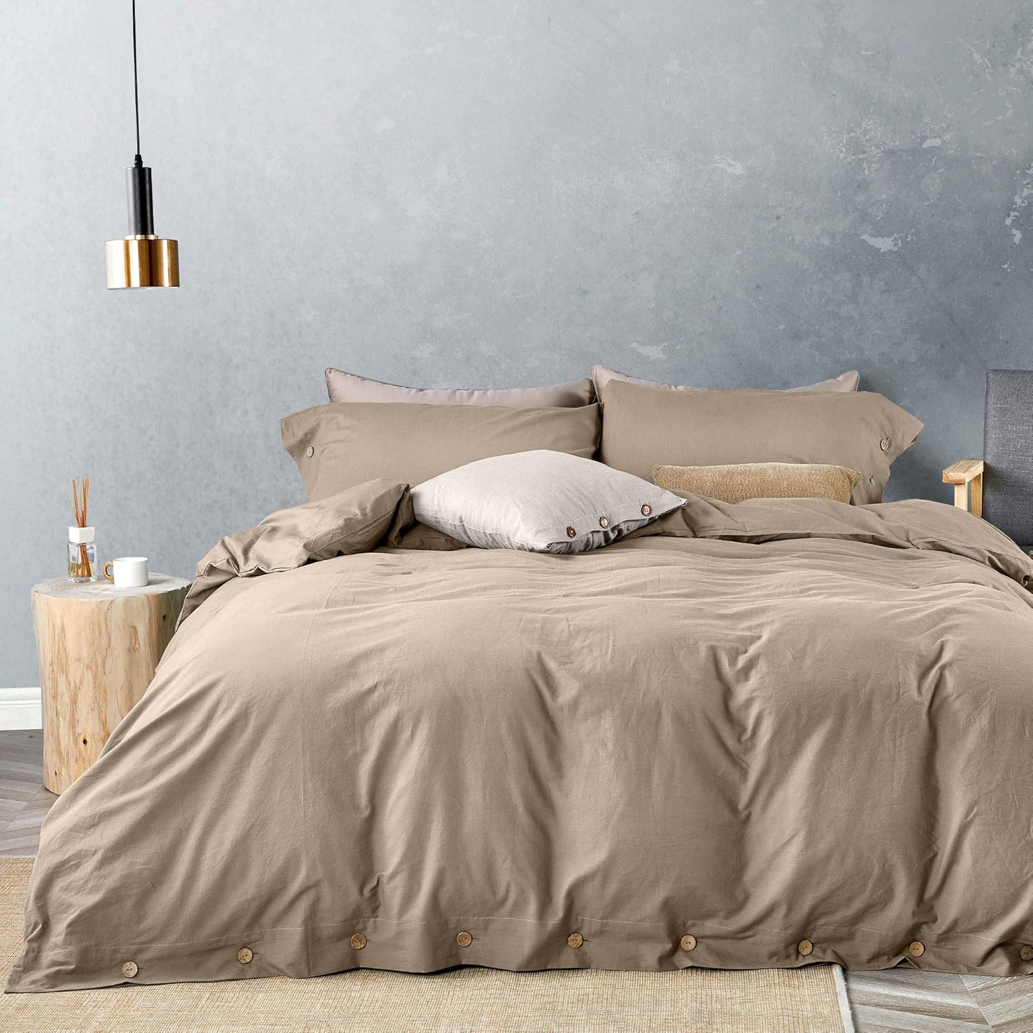 Amazon.com: JELLYMONI Khaki 100% Washed Cotton Duvet Cover Set, 3 Pieces Luxury Soft Bedding Set 