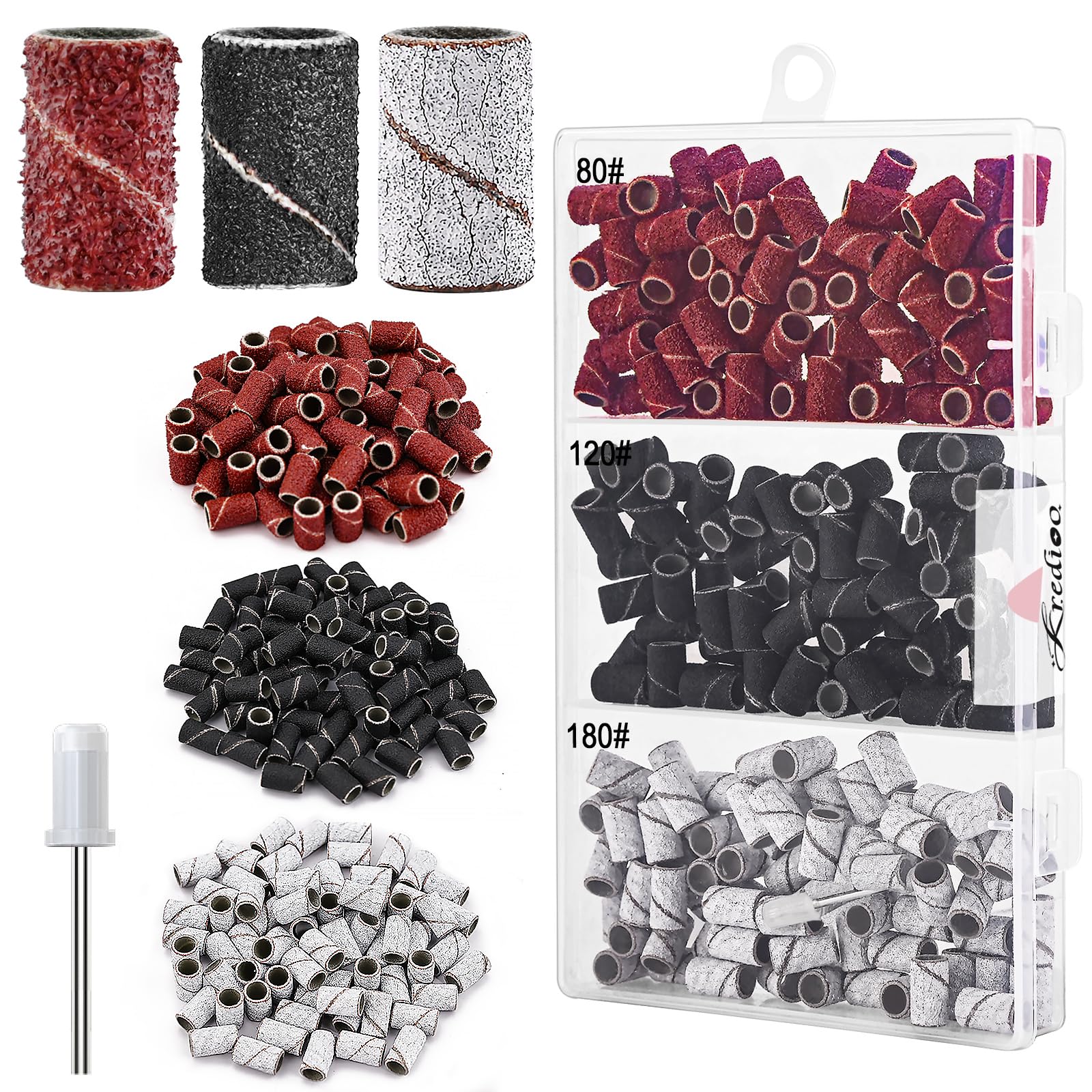 Kredioo Sanding Bands for Nail Drill, 210 Pcs 80# 120# 180# Grit for 3/32" Drill Bit, With Storage Case and Mandrel, for Home Salon Manicure Pedicure