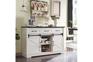 IFGET Farmhouse Buffet Cabinet, 53” Sideboard Cabinet w/3 Drawer, Rustic Storage Cabinets w/Sliding Barn Door, Coffee Bar for Dinning Room, Kitchen, Hallway, and Living Room, White