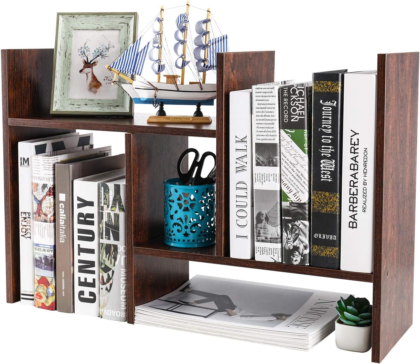 PAG Adjustable Desktop Bookshelf Countertop Bookcase Wood Desk Storage Shelf Organizer Literature Display Rack, White: Furniture & Decor