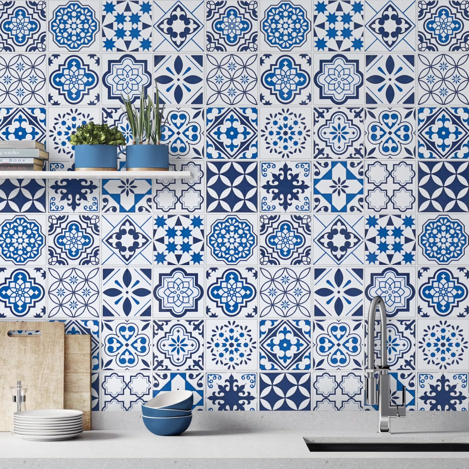 17.7"x78.7" Blue Wallpaper Peel and Stick Wallpaper Glossy Contact Paper Self Adhesive Film Peel and Stick Wallpaper Decorative Thick for Countertop Kitchen