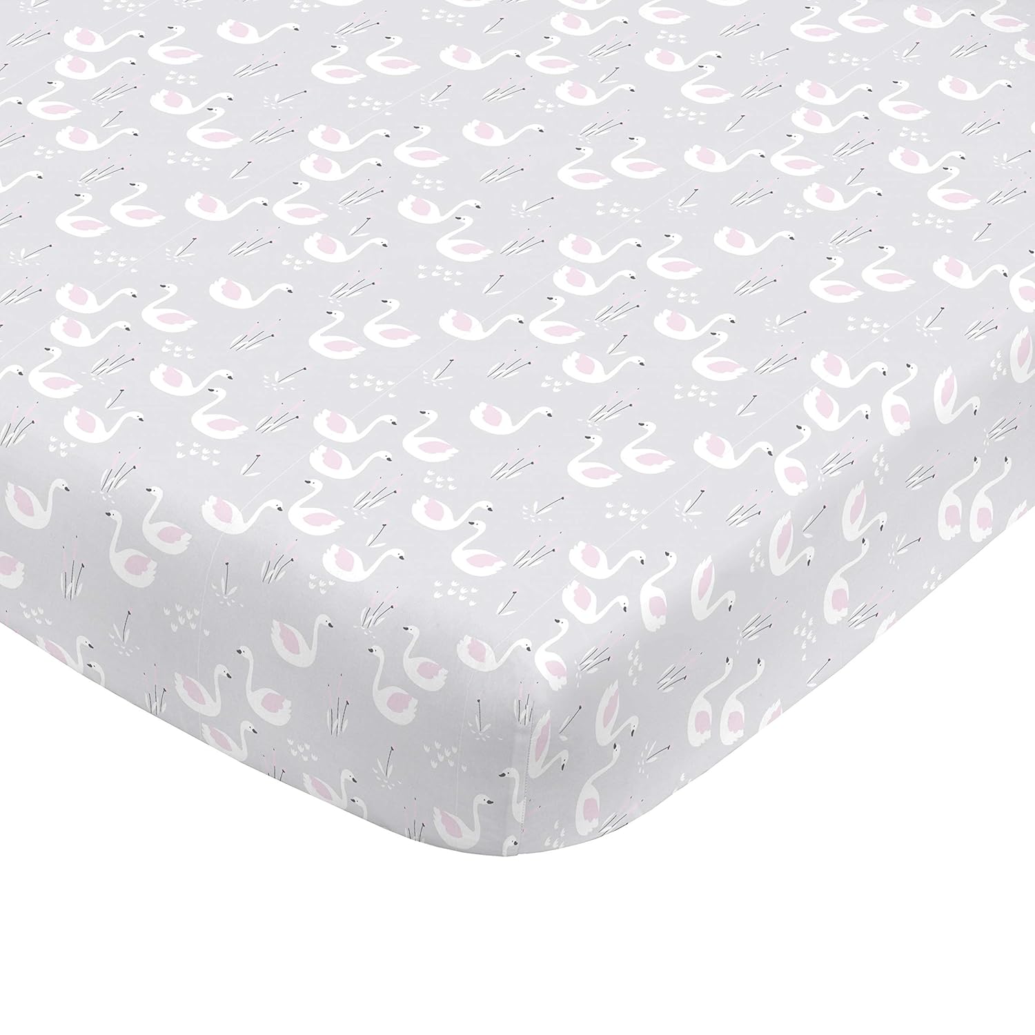 NoJo Super Soft Grey Swan Nursery Crib Fitted Sheet, Grey, Pink, White