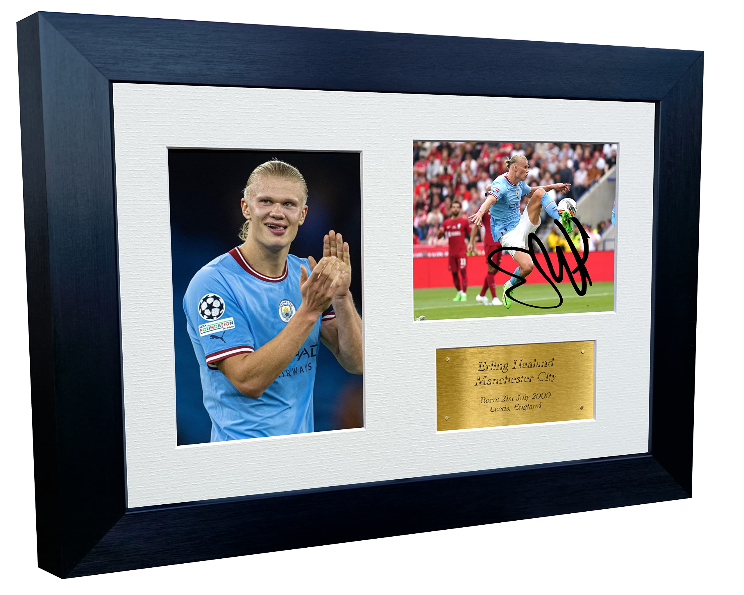 12x8 A4 Erling Haaland Manchester City Triple Autographed Signed Photo Photograph Picture Frame Football Soccer Poster Gift Gold