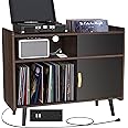 GDLF Record Player Stand with Vinyl Storage,Record Player Table Cabinet with Power Outlet,Holds up to 350 Albums, Turntable Stand with Wood Legs for Living Room,Bedroom,Office