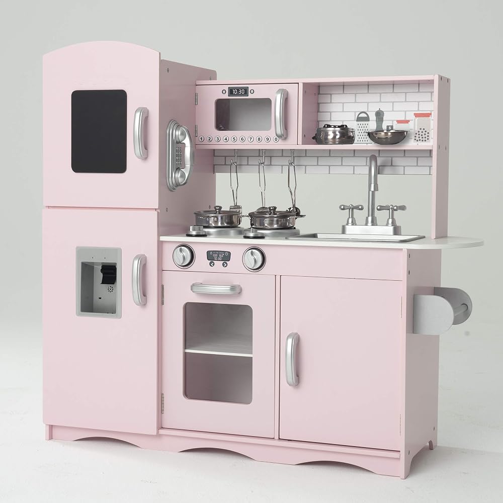Kidoz Signature Kids Wooden Kitchen Large Playset Pink with Utensils