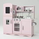 Kidoz Signature Kids Wooden Kitchen Large Playset Pink with Utensils