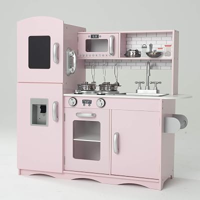 Kidoz Signature Kids Wooden Kitchen Large Playset Pink with Utensils