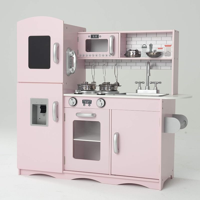 Kidoz Signature Kids Wooden Kitchen Large Playset Pink with Utensils