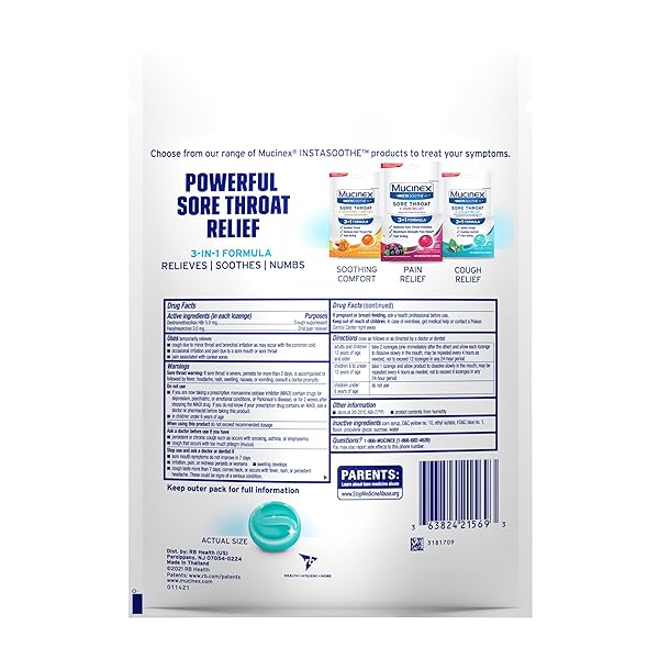 MUCINEX INSTASOOTHE SORE THROAT + COUGH RELIEF ALPINE HERBS & MINT FLAVOR, FAST ACTING, COOLING COMFORT, POWERFUL SORE THROAT ORAL PAIN RELIEVER, 40 MEDICATED DROPS