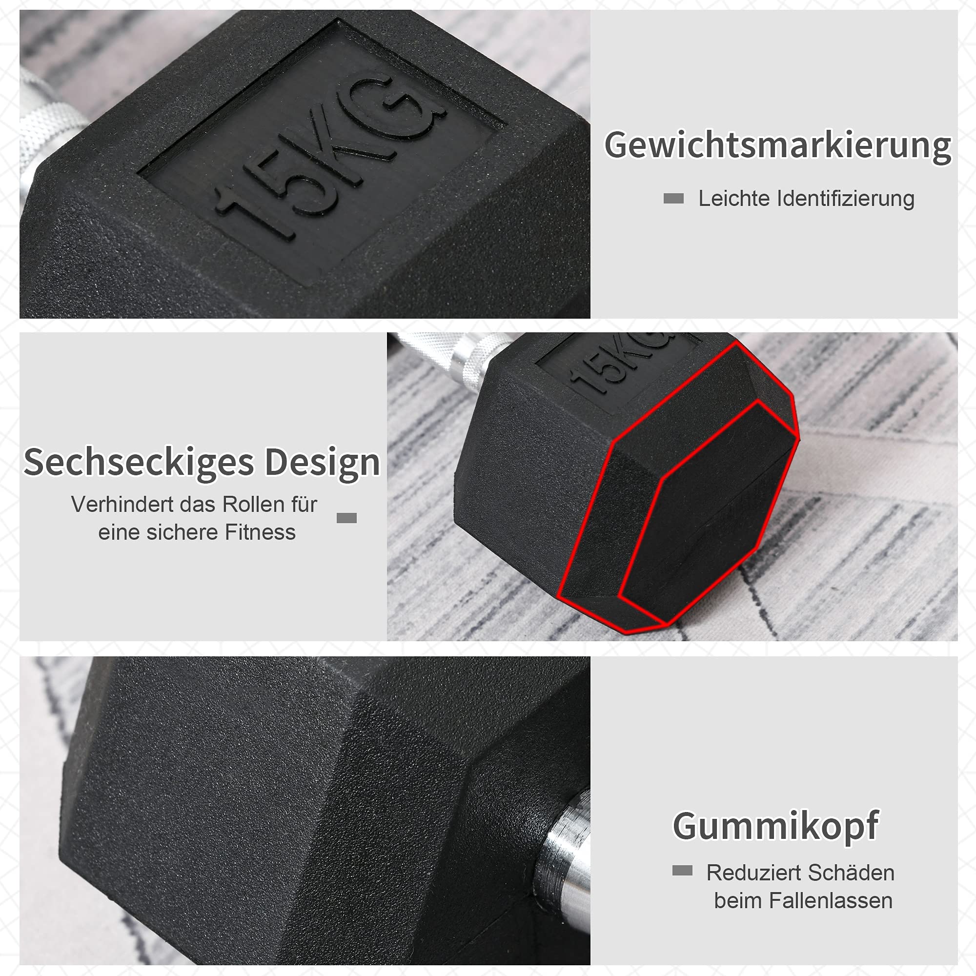 HOMCOM Hanteln mit gerändeltem Griff, Kurzhantel aus Gusseisen, 1 x 15kg, Kurzhanteln für Männer und Frauen, Dumbbell für Zuhause, Fitnessstudio, Krafttraining 3