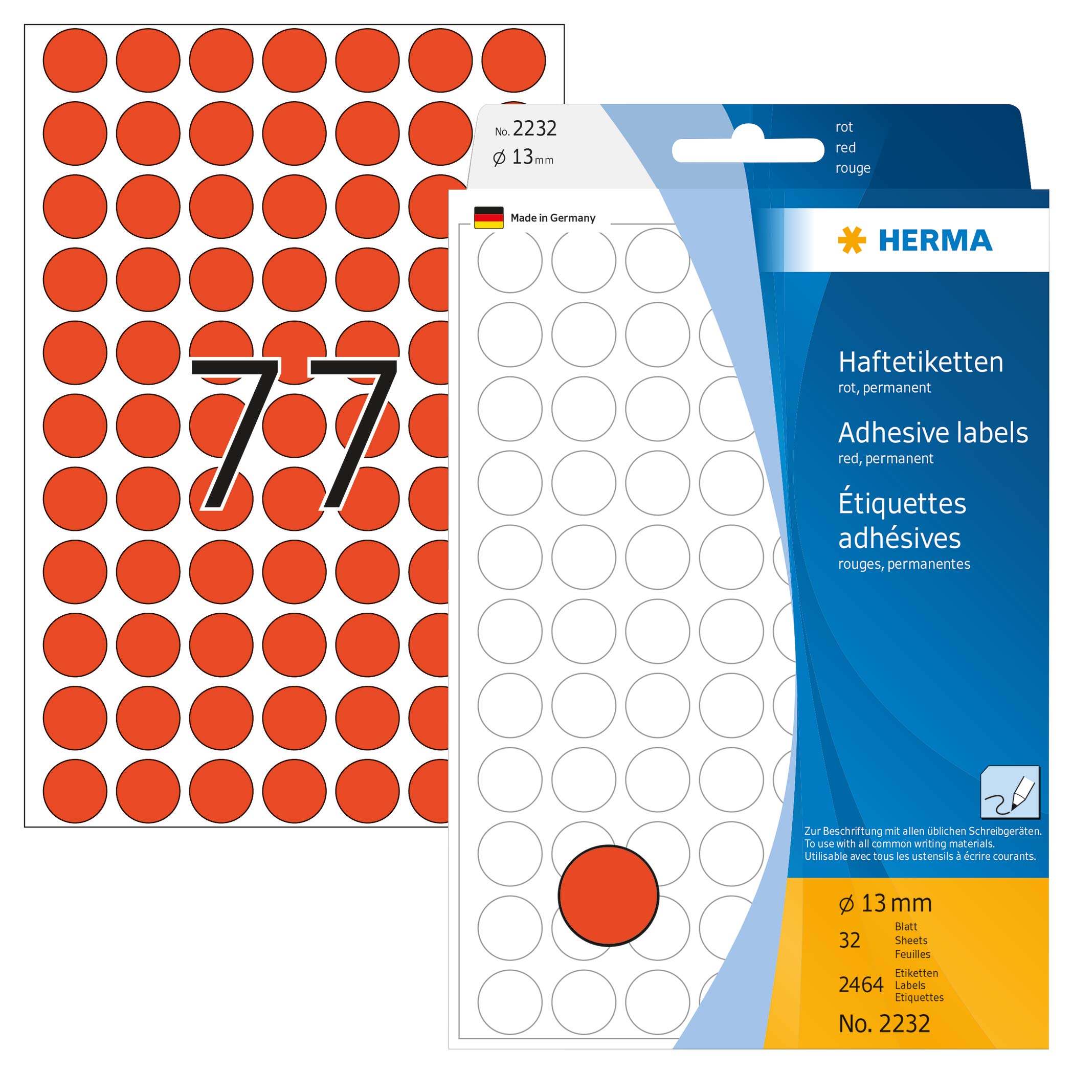 HERMA Dot Stickers Red, 2464 Labels, Ø 13 mm, 77 Labels per Sheet, Self Adhesive Round Colour Labels Stickers, Blank Marking Dots, Sticky Circle Stickers for Color Coding Calendar