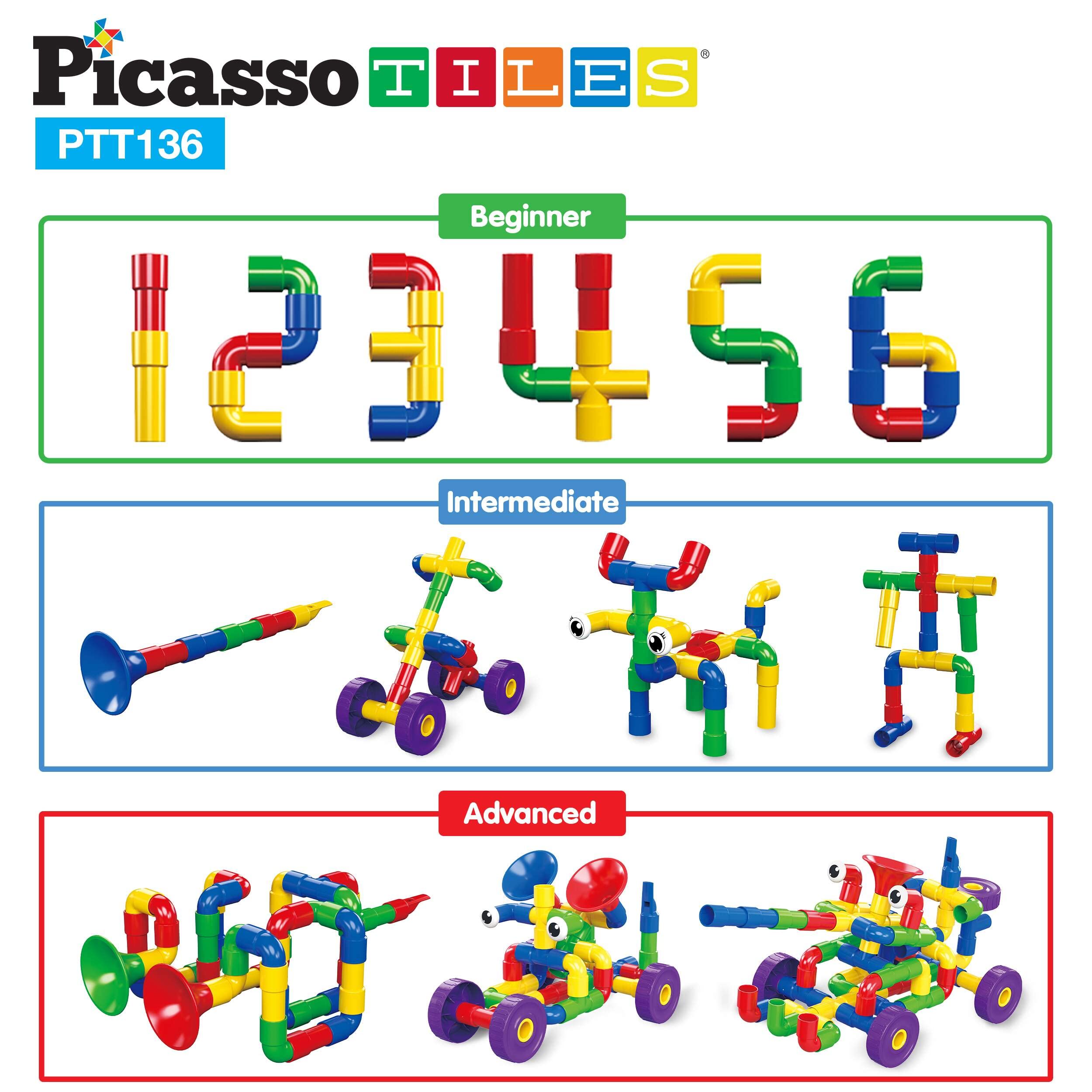 PicassoTiles PTT136 136pcs Tubular Pipes & Spout STEAM Interlocking Educational Building Block Set, Tube Locks, Pipeworks Construction Blocks w/Storage Container Box, Idea Book, Flute Musical Kit