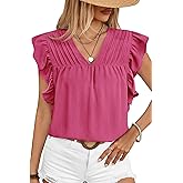 Clarisbelle Summer Women's Dressy Casual Business V Neck Blouses Pleated Ruffle Short Sleeve Trendy Tops
