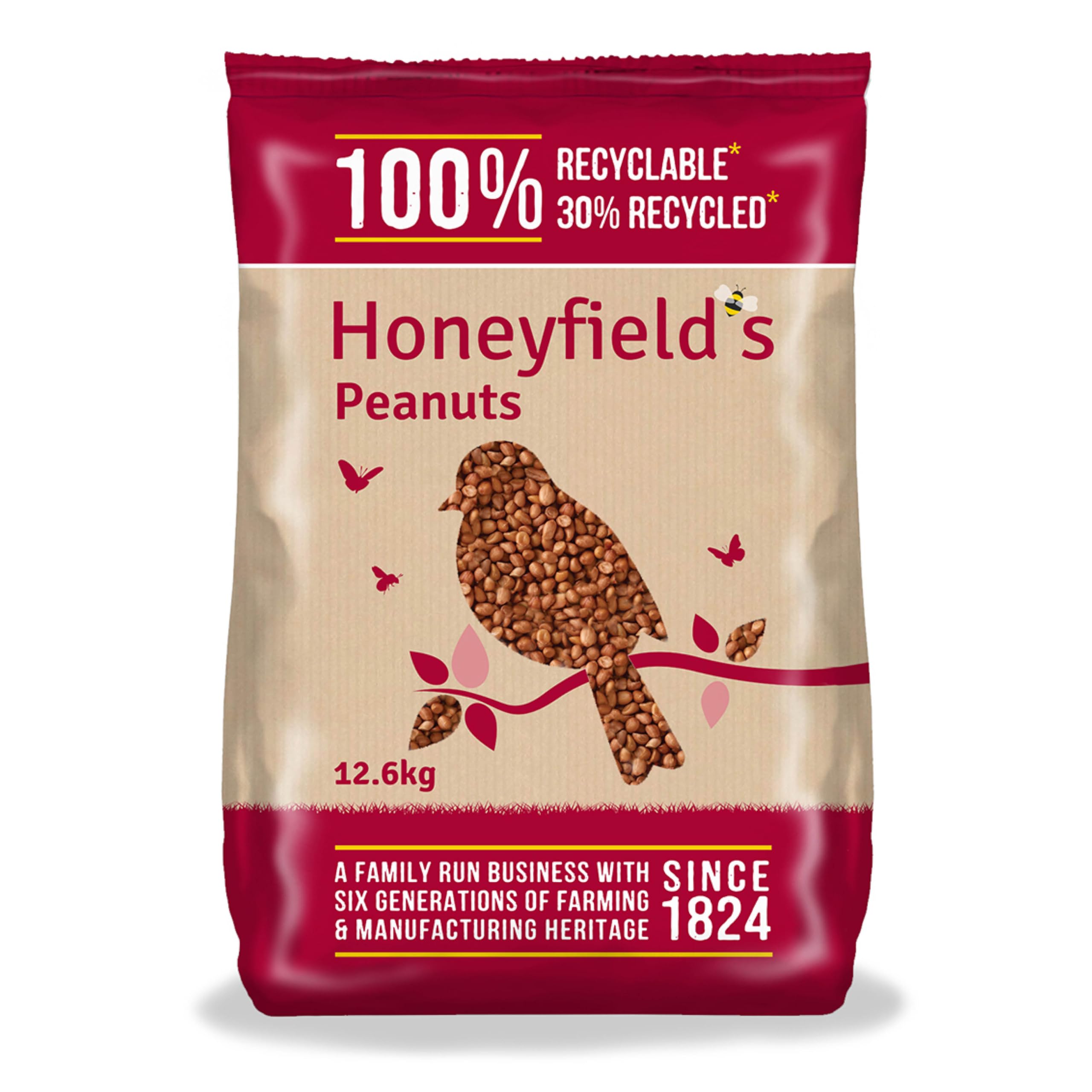 Peanuts for Wild Birds - Wild Bird Food for Small Birds, High in Protein and Energy, No Mess, Great for Hanging Feeders, Bird Tables, and Ground Feeding, Bulk Bag (12.6kg) - Honeyfield’s