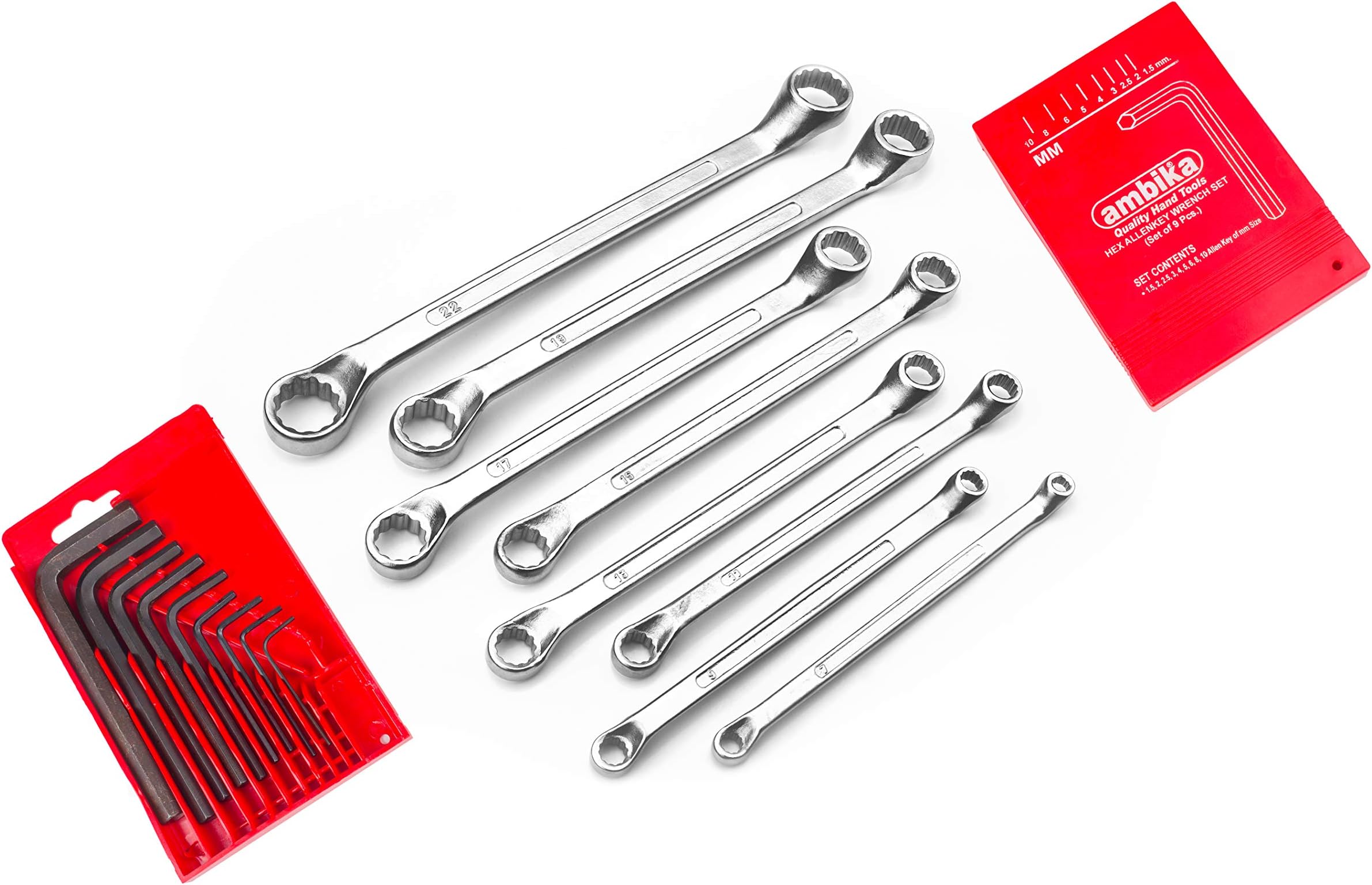 ACHRO Ring 917 Stainless Steel Tool Kit for Home/Garage/Car/Bike/Industry (8 Pcs Ring Ended Spanners + 9 Pcs Allen Key Set) -Set of 17 Pieces Tool Kit Set