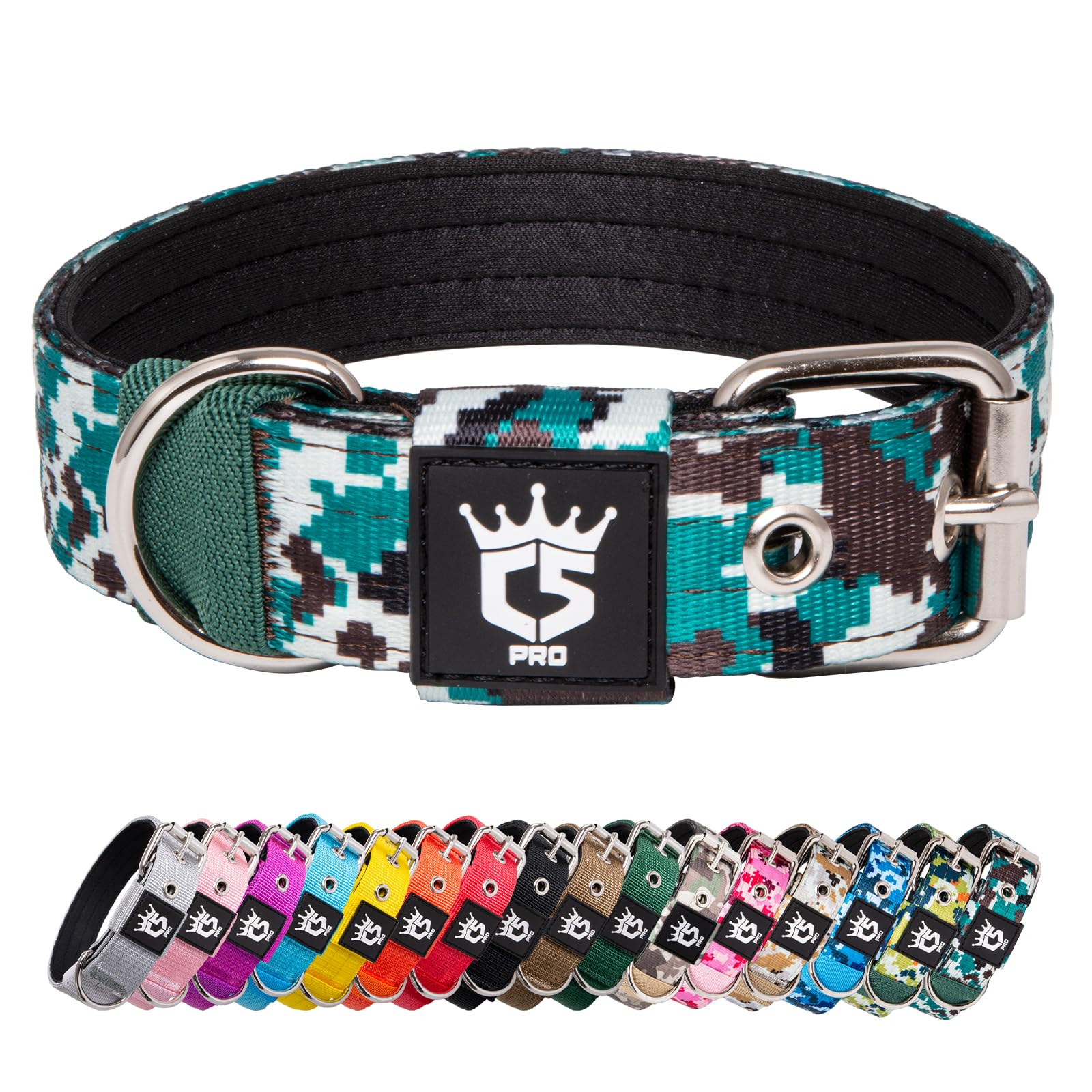 TSPRO Heavy Duty Tactical Dog Collar 1.25" Wide, Padded Dog Collar with Metal Buckle, Adjustable for Walking Training Outdoor for Small Dogs (Camo Cyan, S)