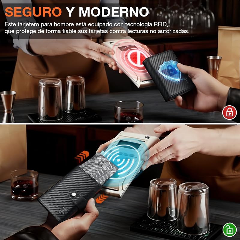Carteras para Hombre | Tarjetero Cartera Hombre con Monedero & Bloqueo RFID | Tarjeteros para Tarjetas de Credito | Billeteras para Hombre | Regalo Hombre - Fibra de Carbon (Negro-Naranja)