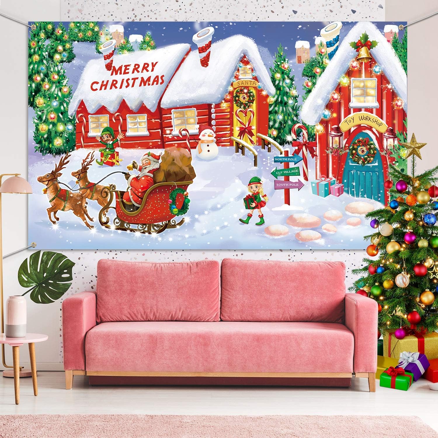 Blulu Christmas Wall Scene Santa Backdrop Extra Large Fabric Door Cover Decor Christmas Banner North Pole Village Setters Photo Booth Background for Holiday Decoration Supplies - Image 4
