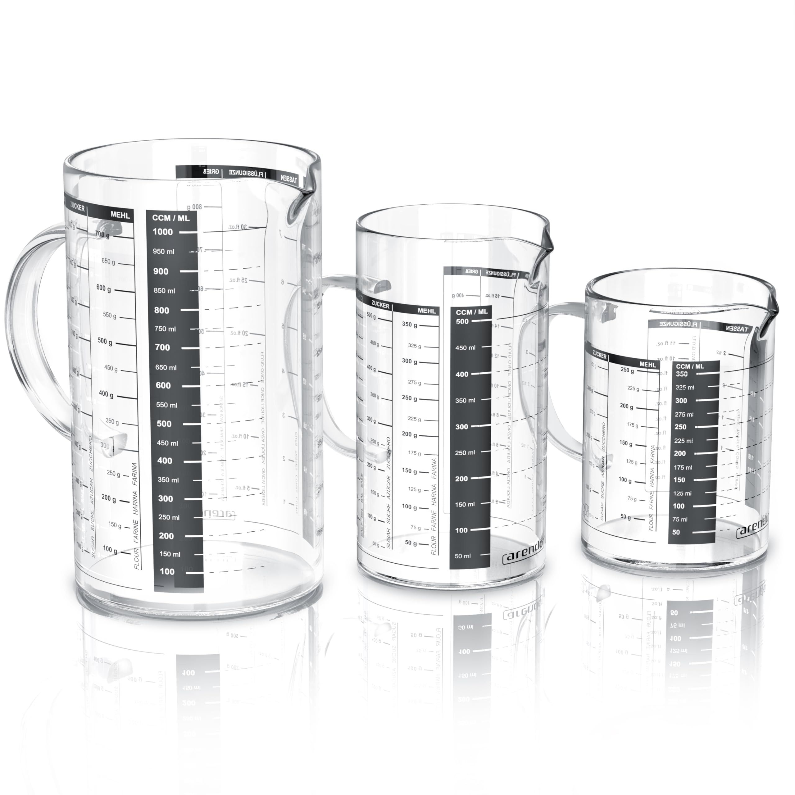 Arendo Set Glass Measuring jugs 350 + 500 ml 1000ml (0,35l 0,5l 1l) with Measurements displayed, Transparent Kitchen Measuring jug, Borosilicate Glass, Silicone Seal, Beaker with lid
